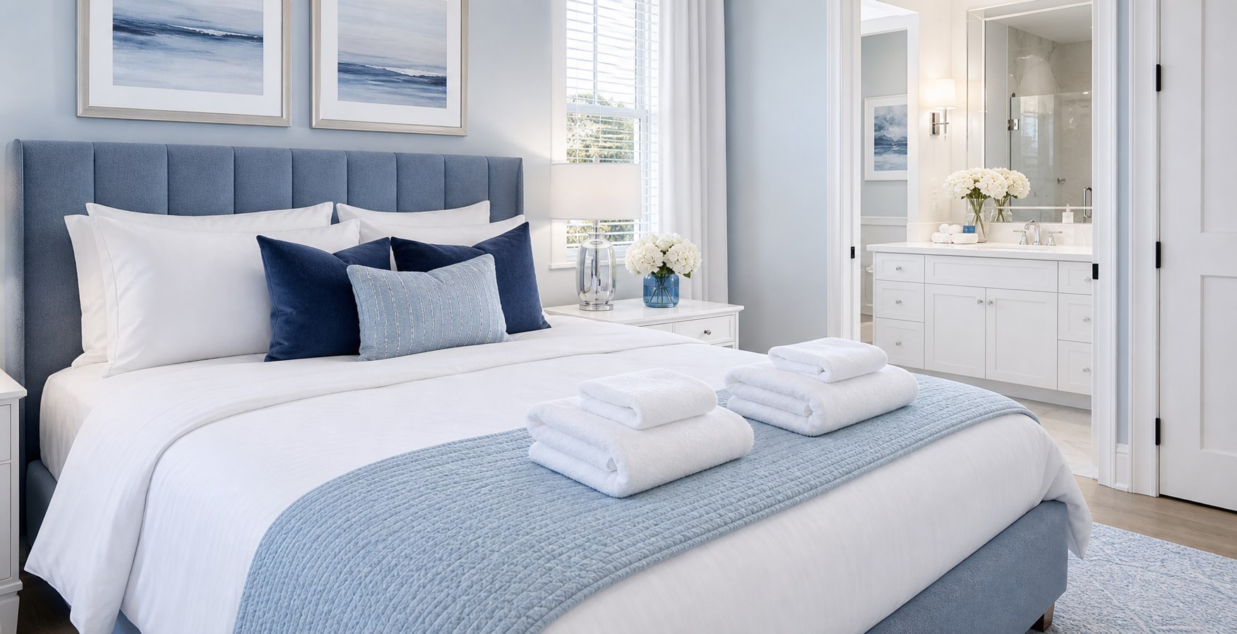 Guest-ready vacation rental bedroom with folded towels